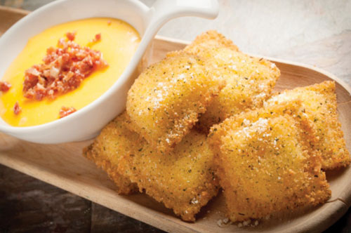 Toasted Sausage & Cheese Ravioli with  Bacon, Beer and Cheddar Dip