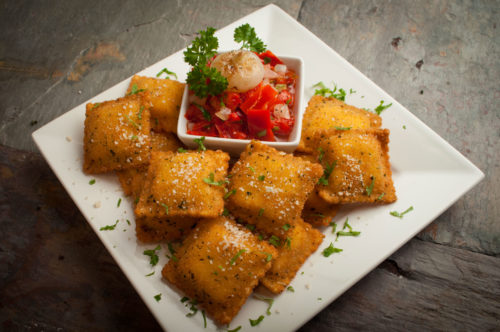 Toasted Sausage Ravioli with Roasted Pepper and Onions